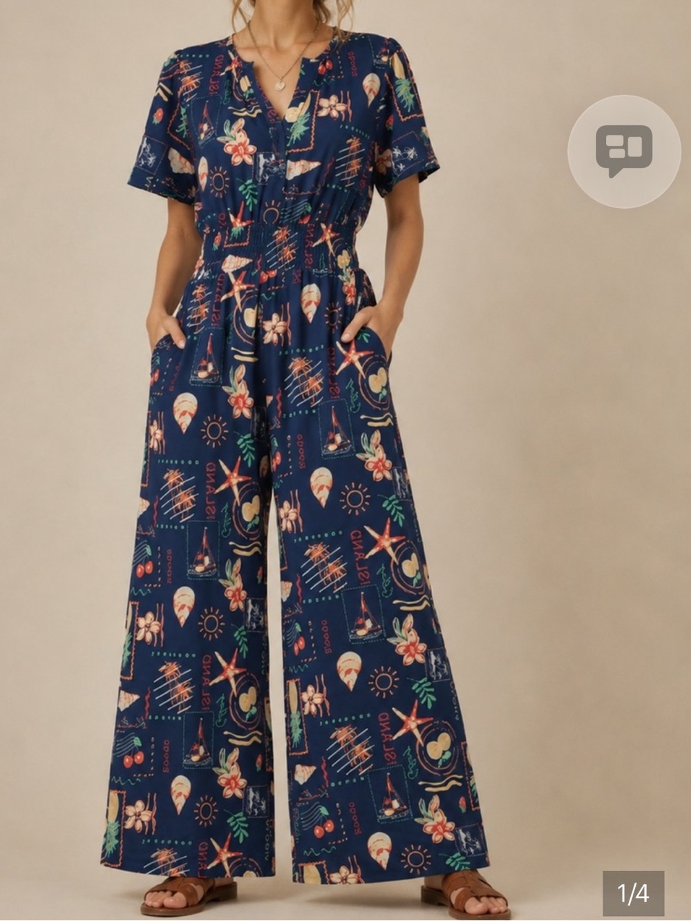 easel Navy Multicolor Floral & Seaside Print Wide-Leg Jumpsuit